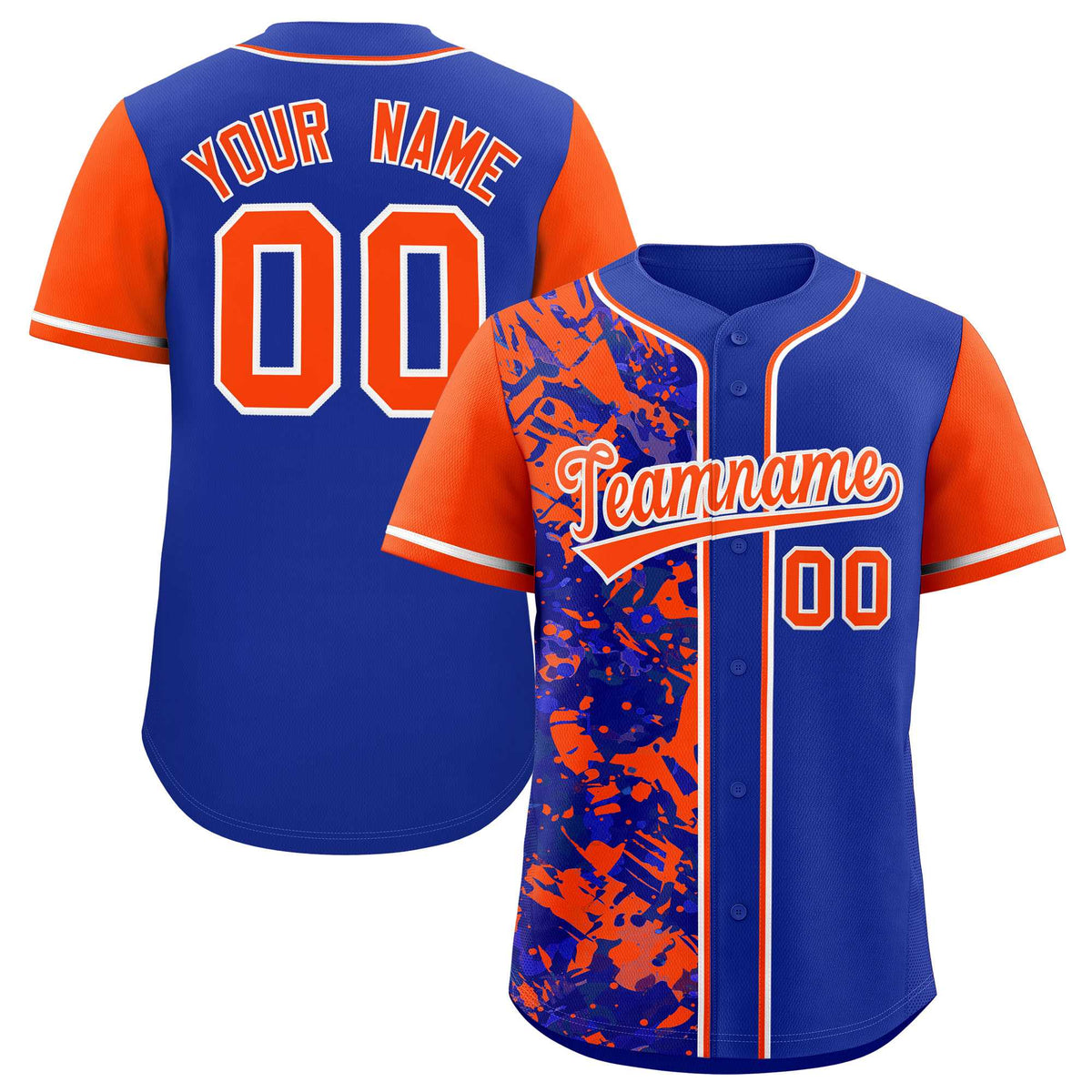 Custom Royal Orange Split Personalized Graffiti Raglan Sleeve Authentic Baseball Jersey