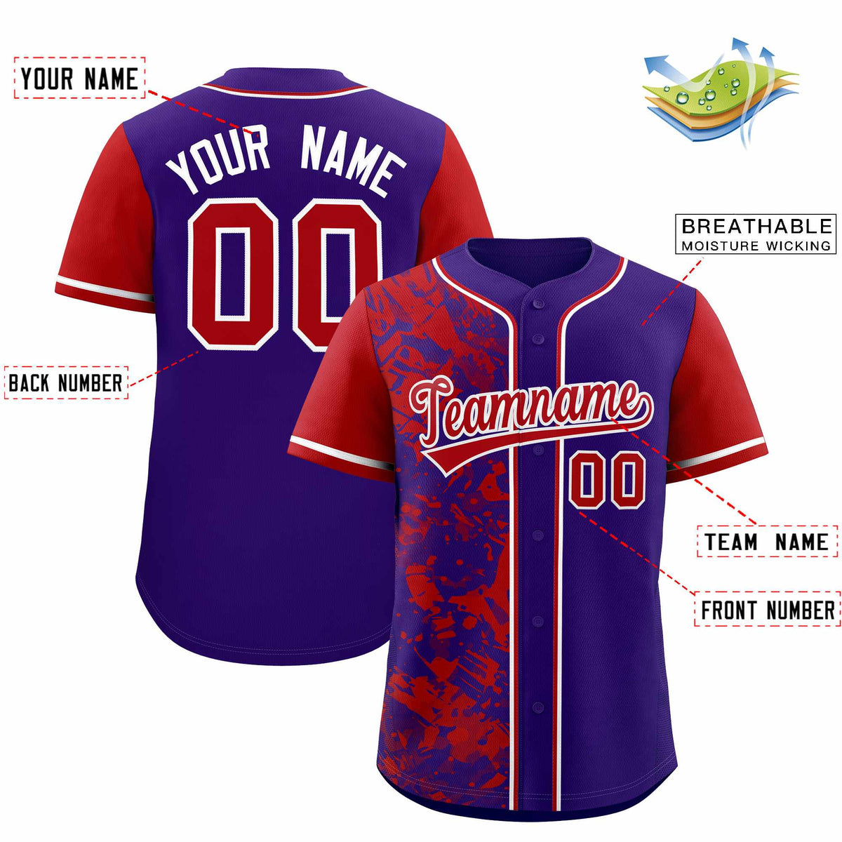 Custom Purple Red Split Personalized Graffiti Raglan Sleeve Authentic Baseball Jersey