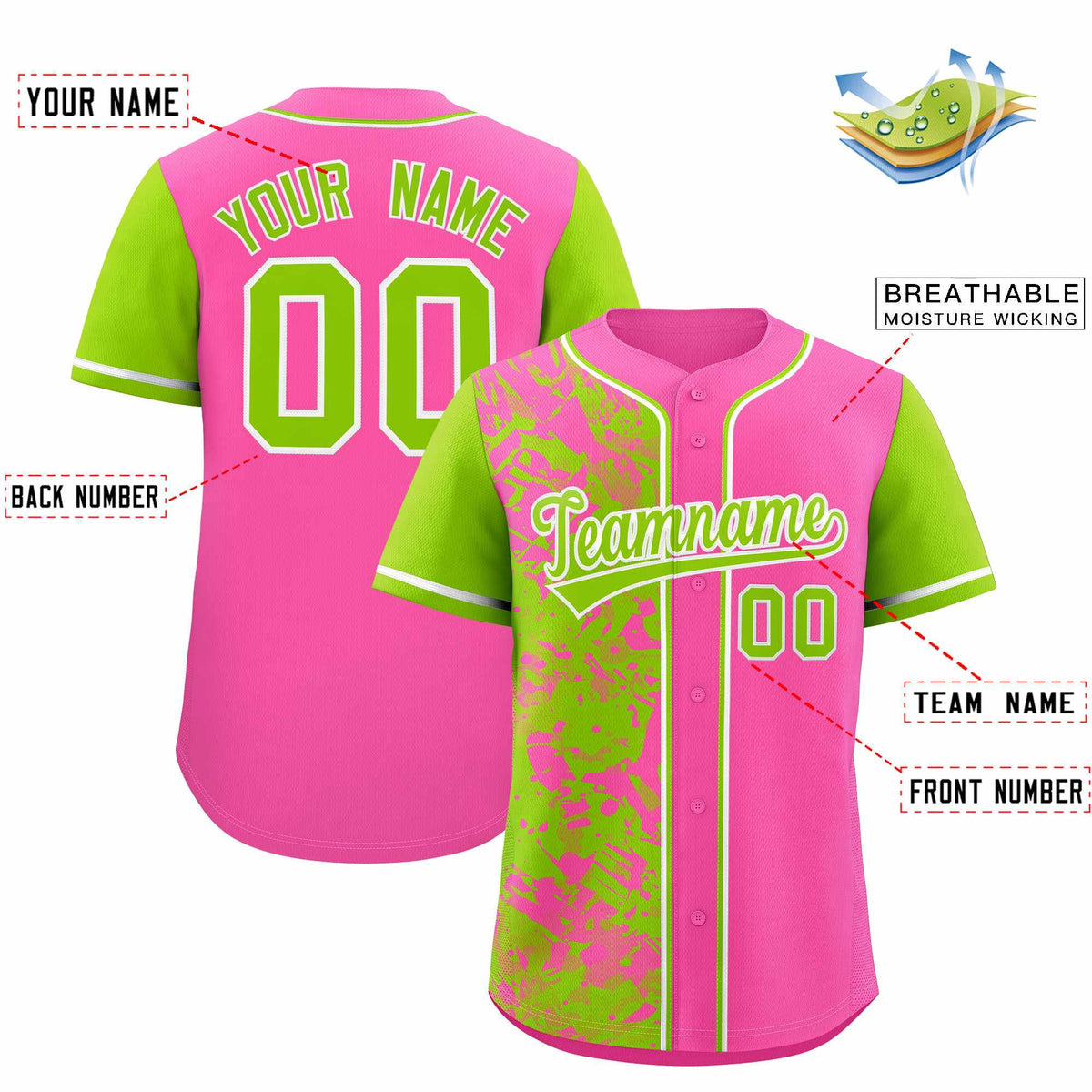 Custom Pink Neon Green Split Personalized Graffiti Raglan Sleeve Authentic Baseball Jersey