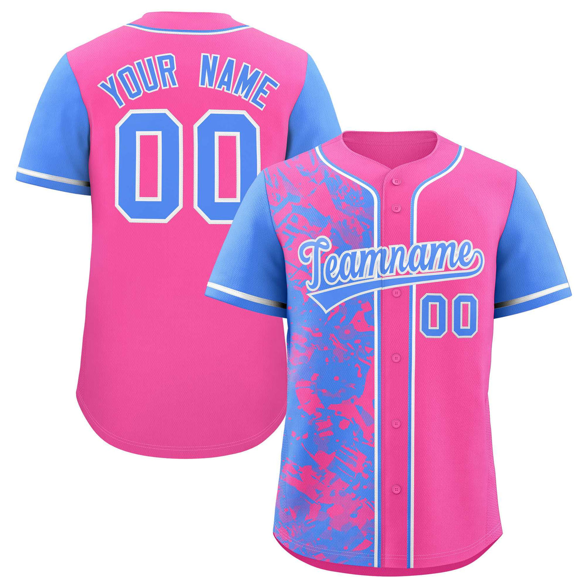 Custom Pink Powder Blue Split Personalized Graffiti Raglan Sleeve Authentic Baseball Jersey