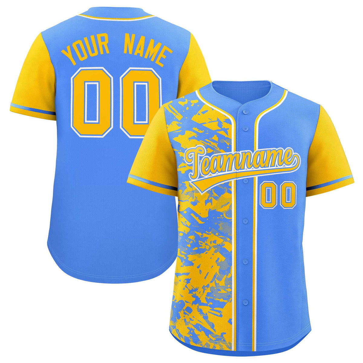 Custom Blue Yellow Split Personalized Graffiti Raglan Sleeve Authentic Baseball Jersey