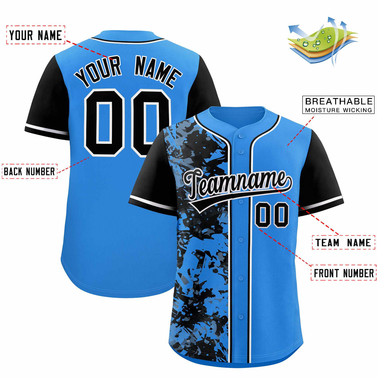 Custom Blue Black Split Personalized Graffiti Raglan Sleeve Authentic Baseball Jersey