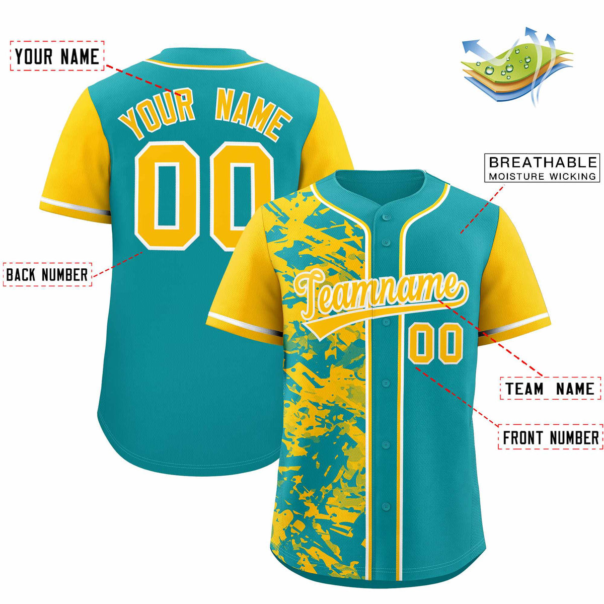 Custom Aqua Yellow Split Personalized Graffiti Raglan Sleeve Authentic Baseball Jersey