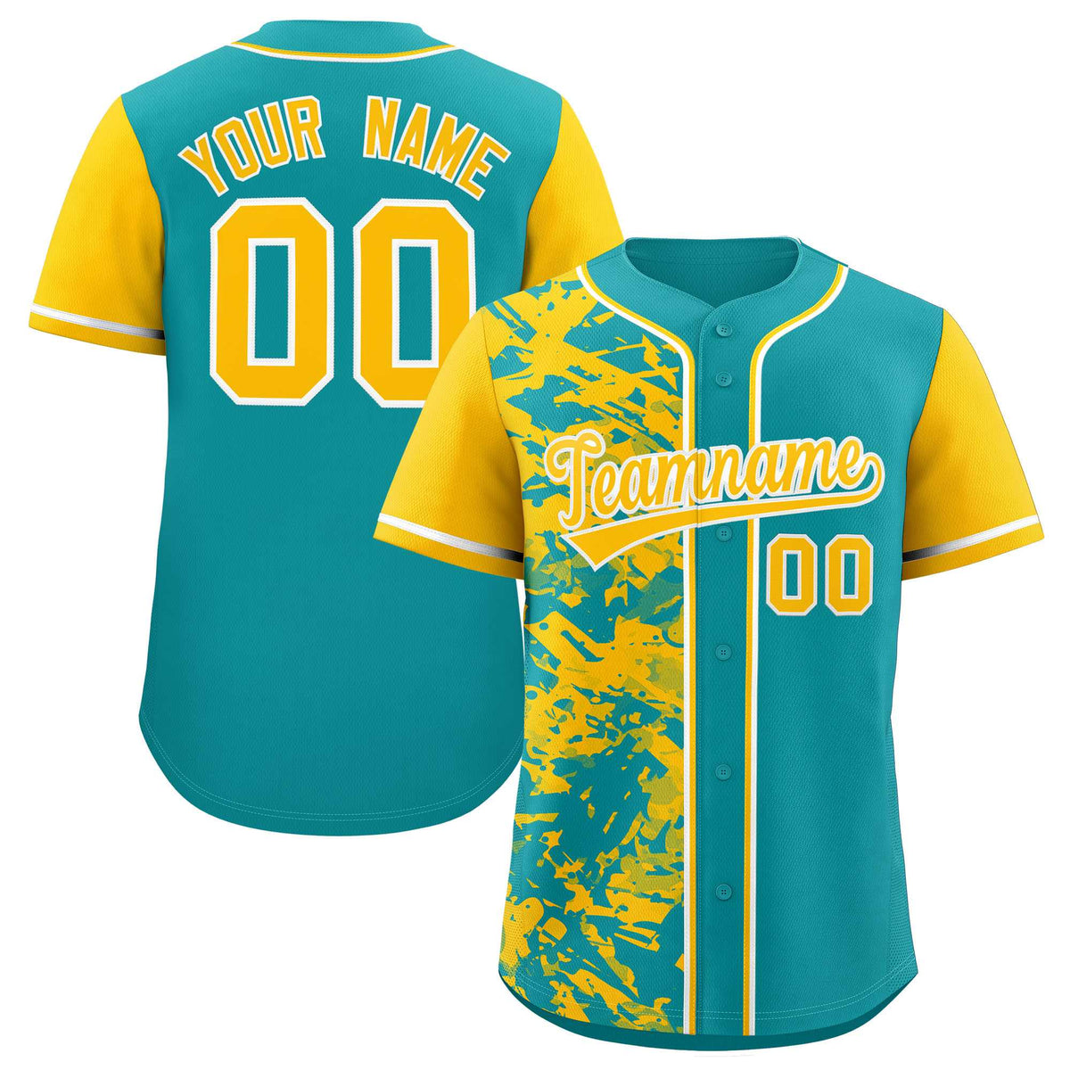 Custom Aqua Yellow Split Personalized Graffiti Raglan Sleeve Authentic Baseball Jersey