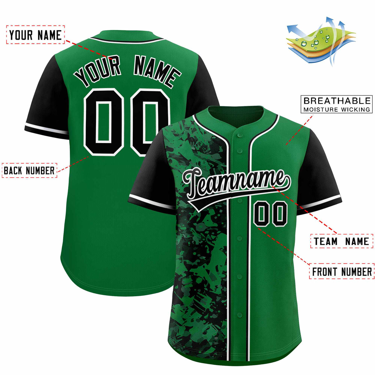 Custom Green Black Split Personalized Graffiti Raglan Sleeve Authentic Baseball Jersey