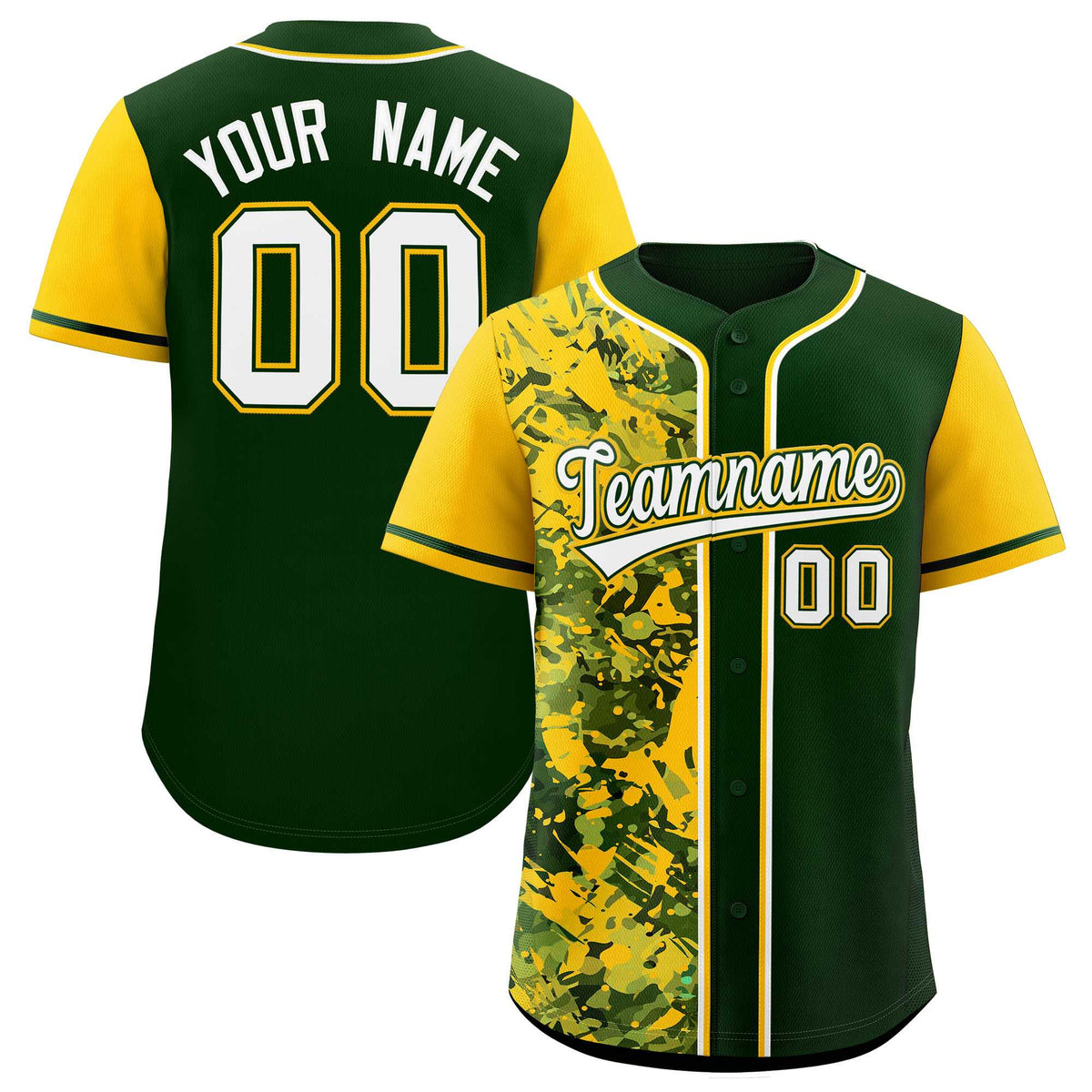 Custom Green Yellow Split Personalized Graffiti Raglan Sleeve Authentic Baseball Jersey