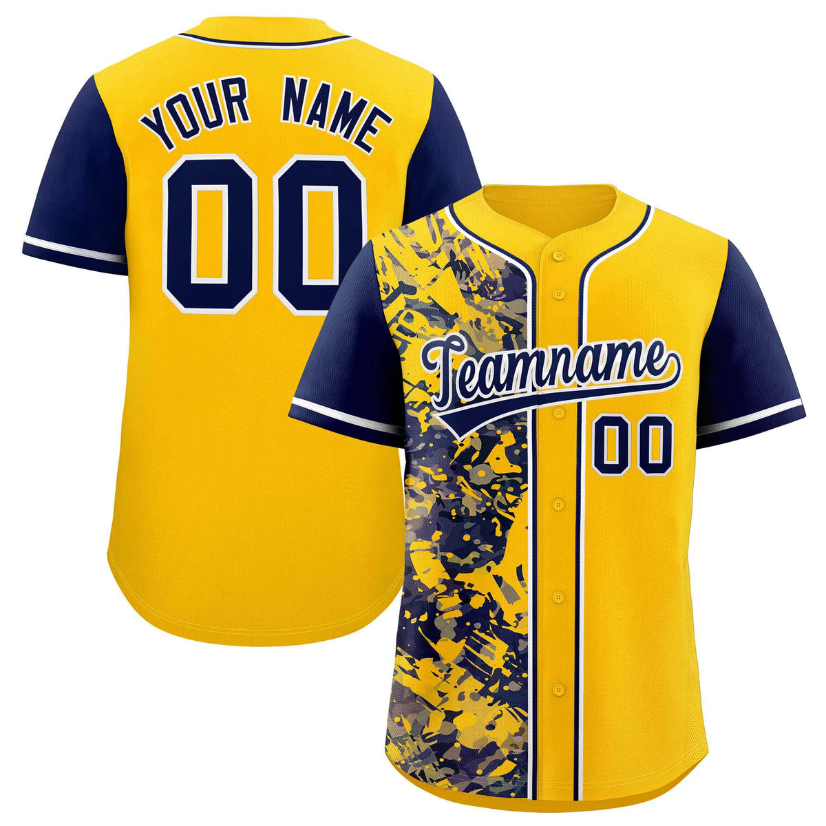 Custom Yellow Navy Split Personalized Graffiti Raglan Sleeve Authentic Baseball Jersey