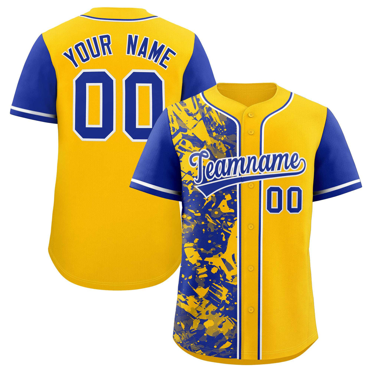 Custom Yellow Royal Split Personalized Graffiti Raglan Sleeve Authentic Baseball Jersey