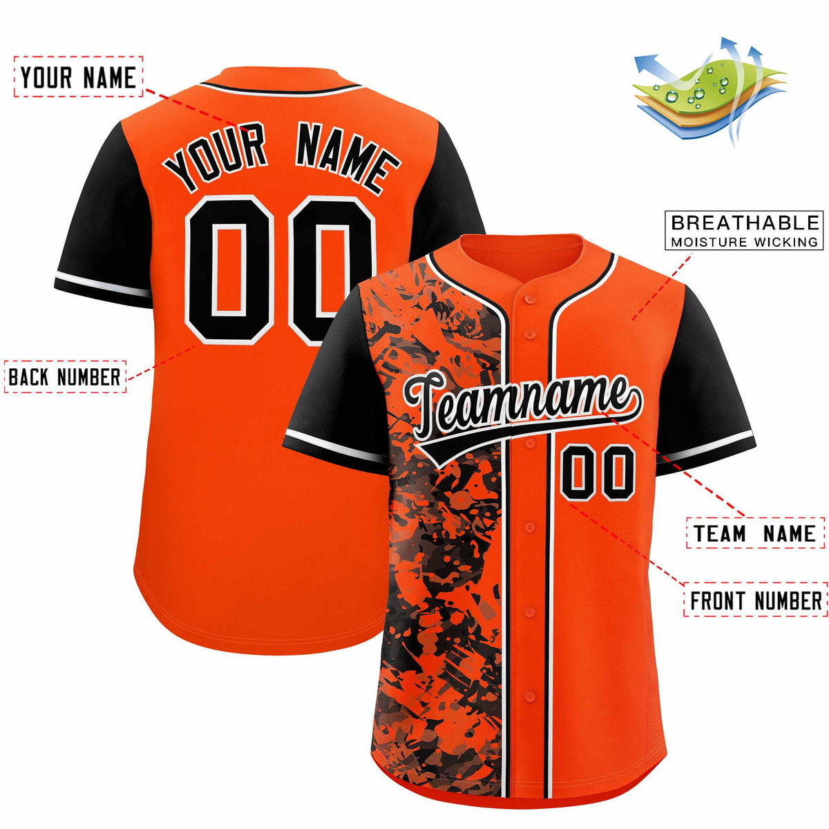 Custom Orange Black Split Personalized Graffiti Raglan Sleeve Authentic Baseball Jersey