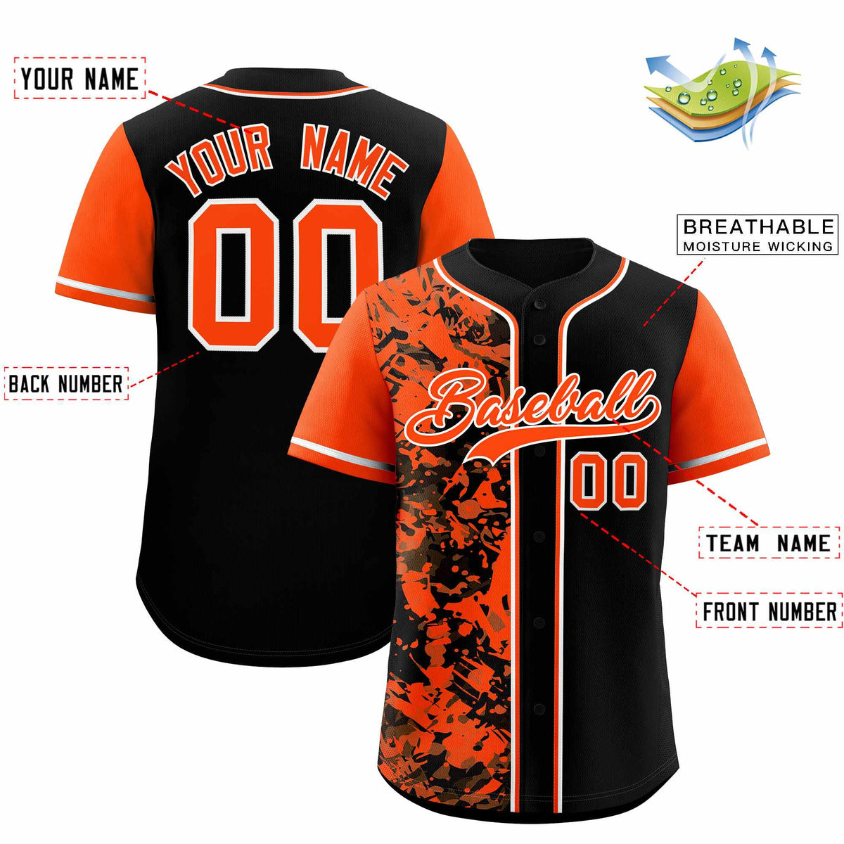 Custom Black Orange Split Personalized Graffiti Raglan Sleeve Authentic Baseball Jersey