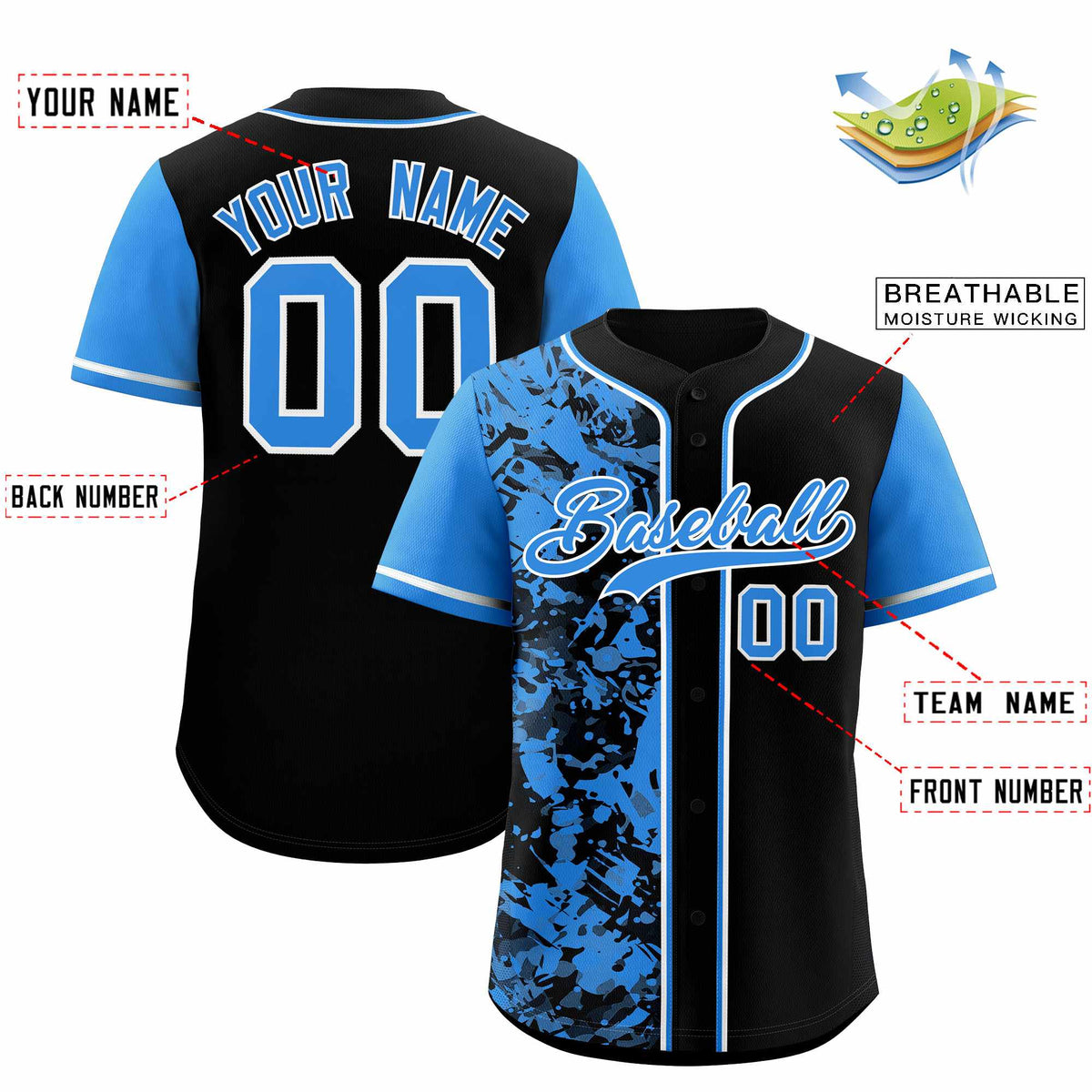 Custom Black Blue Split Personalized Graffiti Raglan Sleeve Authentic Baseball Jersey