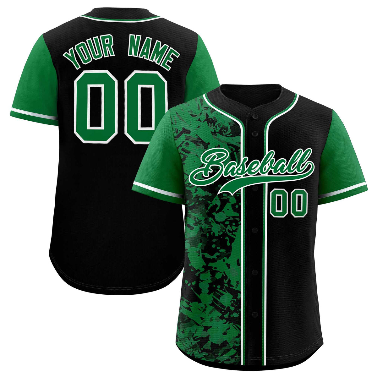Custom Black Green Split Personalized Graffiti Raglan Sleeve Authentic Baseball Jersey