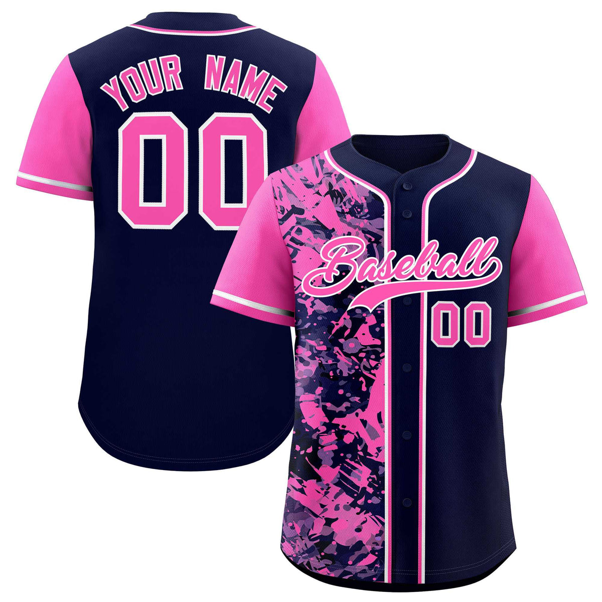 Custom Navy Pink Split Personalized Graffiti Raglan Sleeve Authentic Baseball Jersey