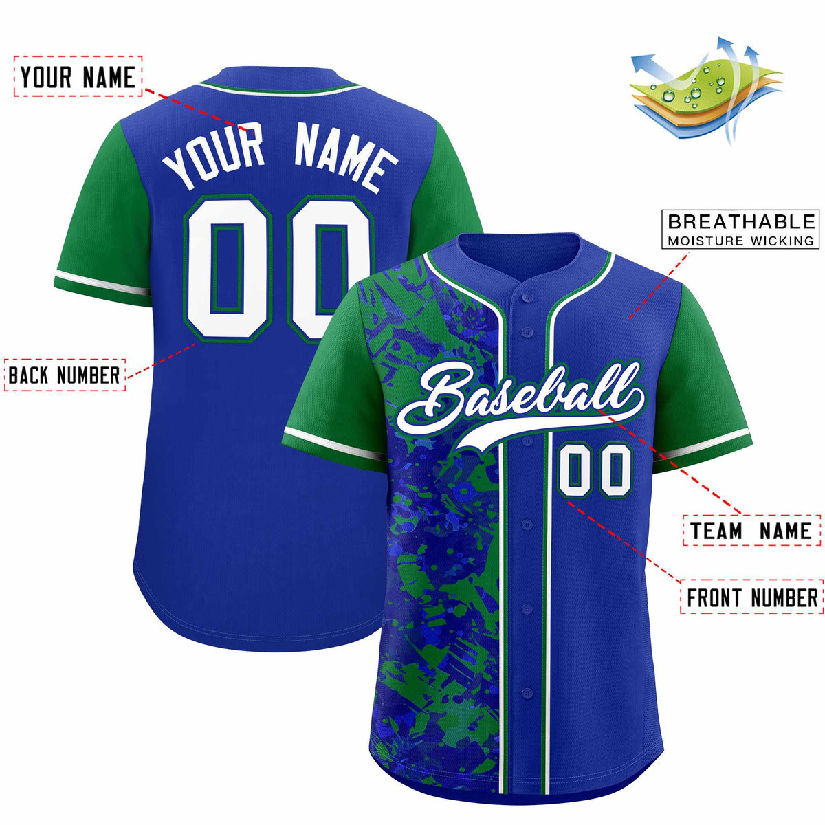 Custom Royal Green Split Personalized Graffiti Raglan Sleeve Authentic Baseball Jersey