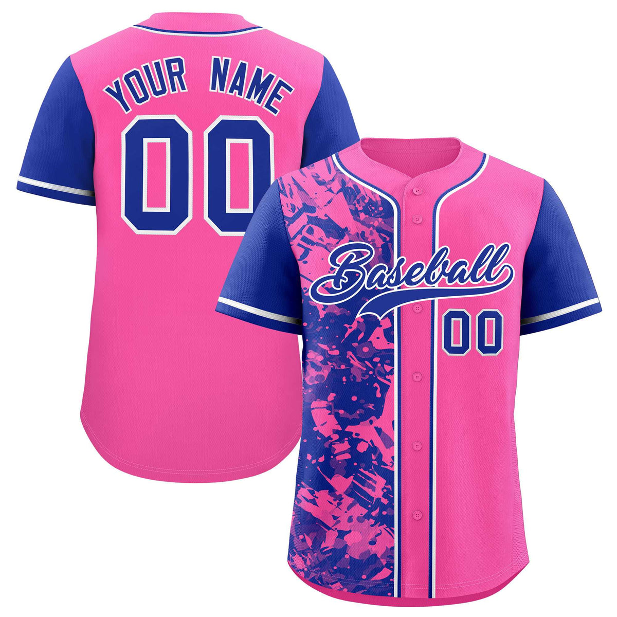 Custom Pink Royal Split Personalized Graffiti Raglan Sleeve Authentic Baseball Jersey