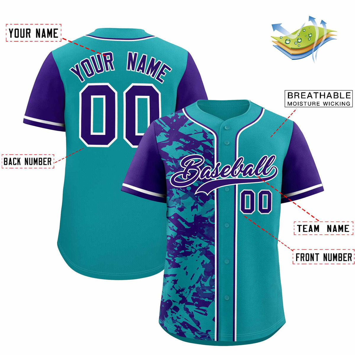 Custom Teal Purple Split Personalized Graffiti Raglan Sleeve Authentic Baseball Jersey