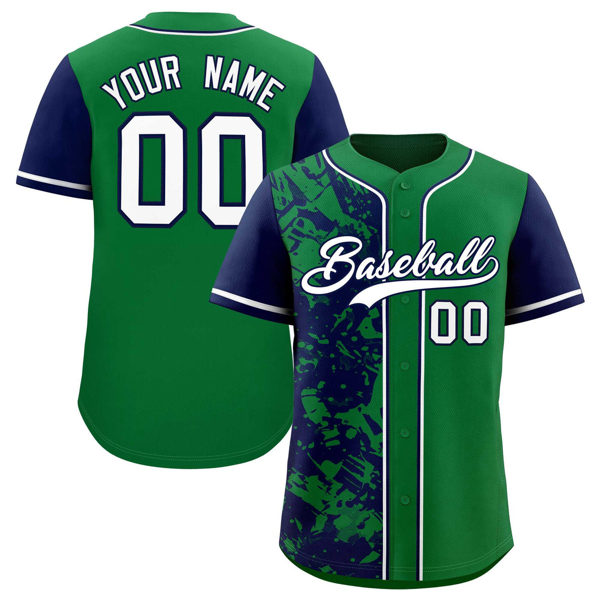 Custom Green Navy Split Personalized Graffiti Raglan Sleeve Authentic Baseball Jersey