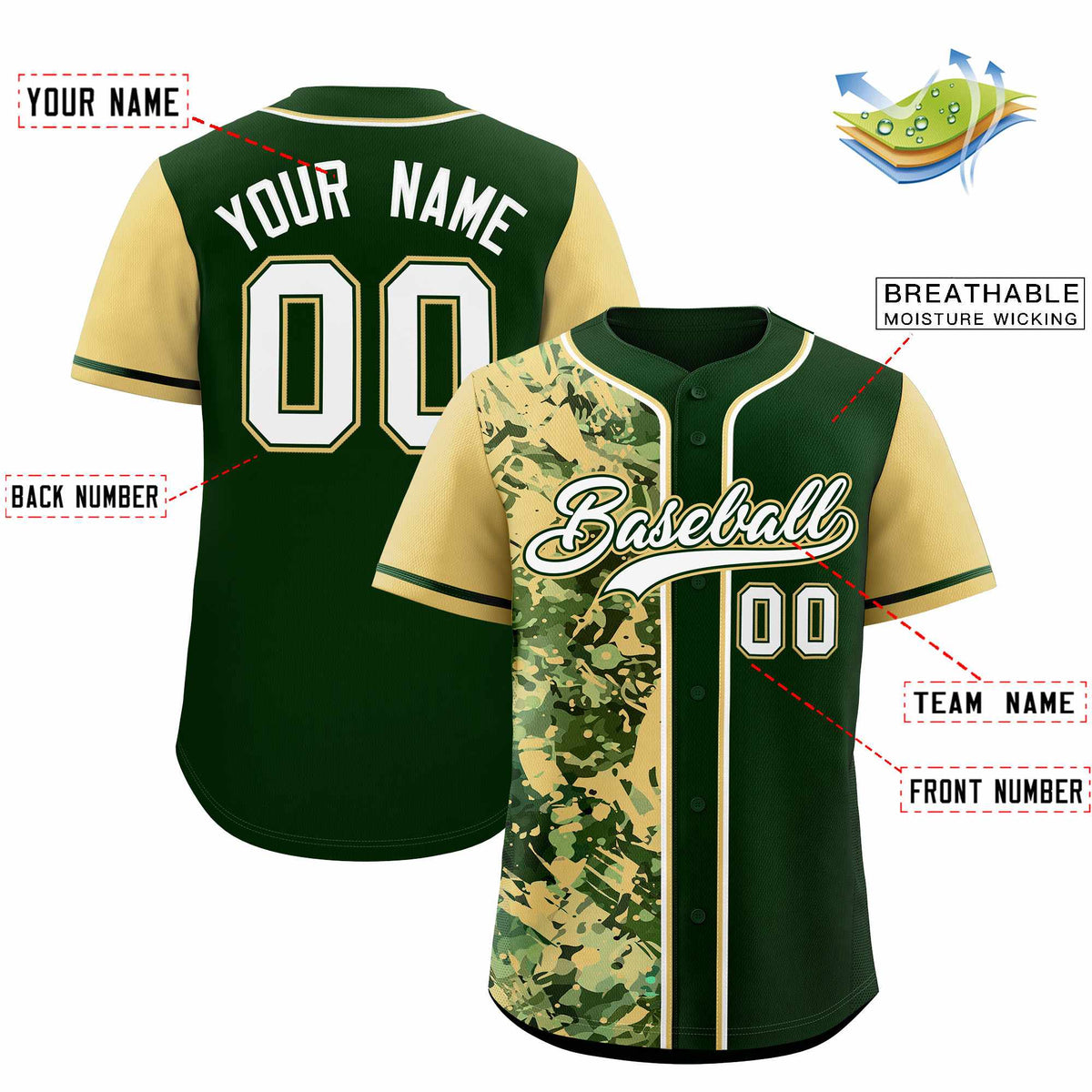 Custom Green Khaki Split Personalized Graffiti Raglan Sleeve Authentic Baseball Jersey