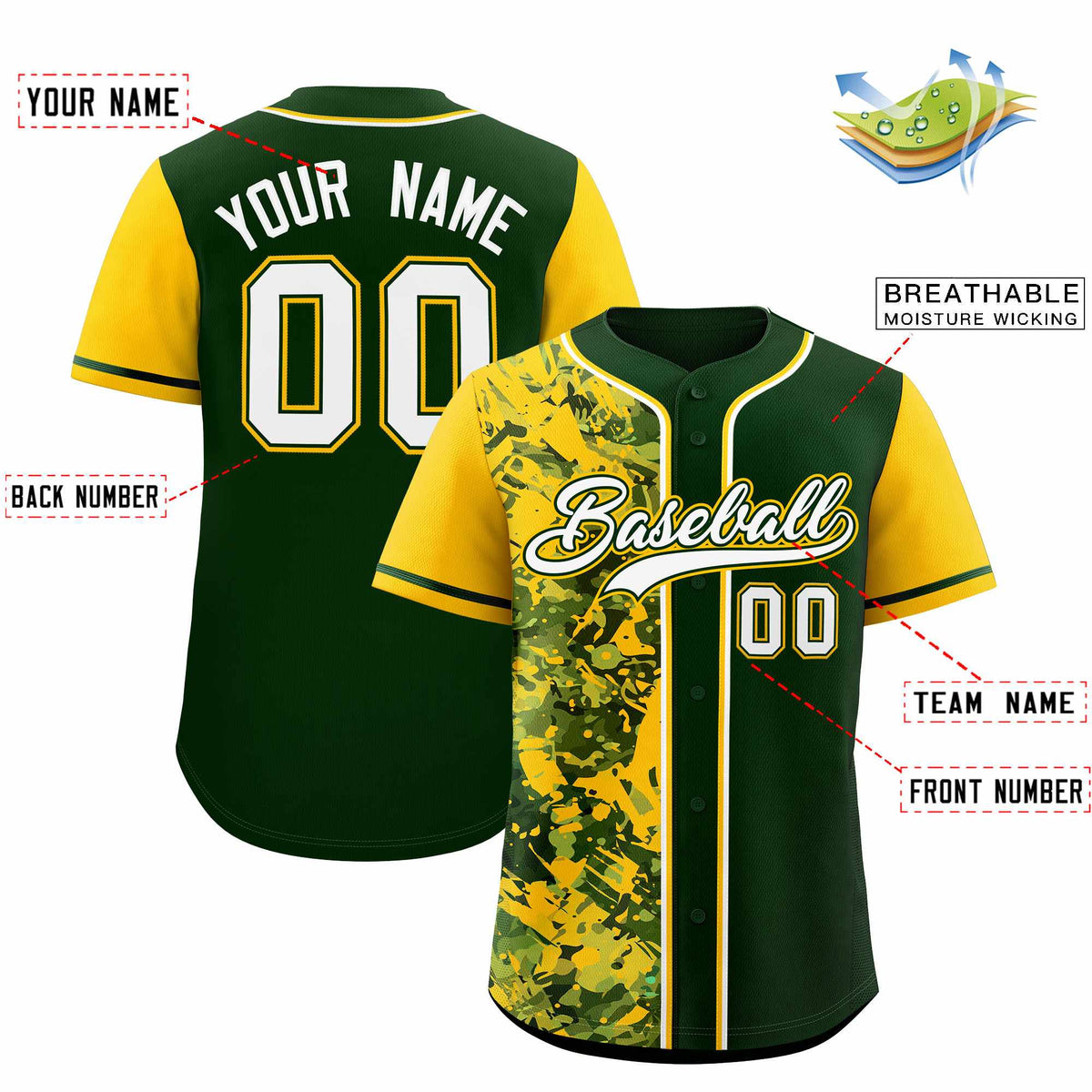 Custom Green Yellow Split Personalized Graffiti Raglan Sleeve Authentic Baseball Jersey