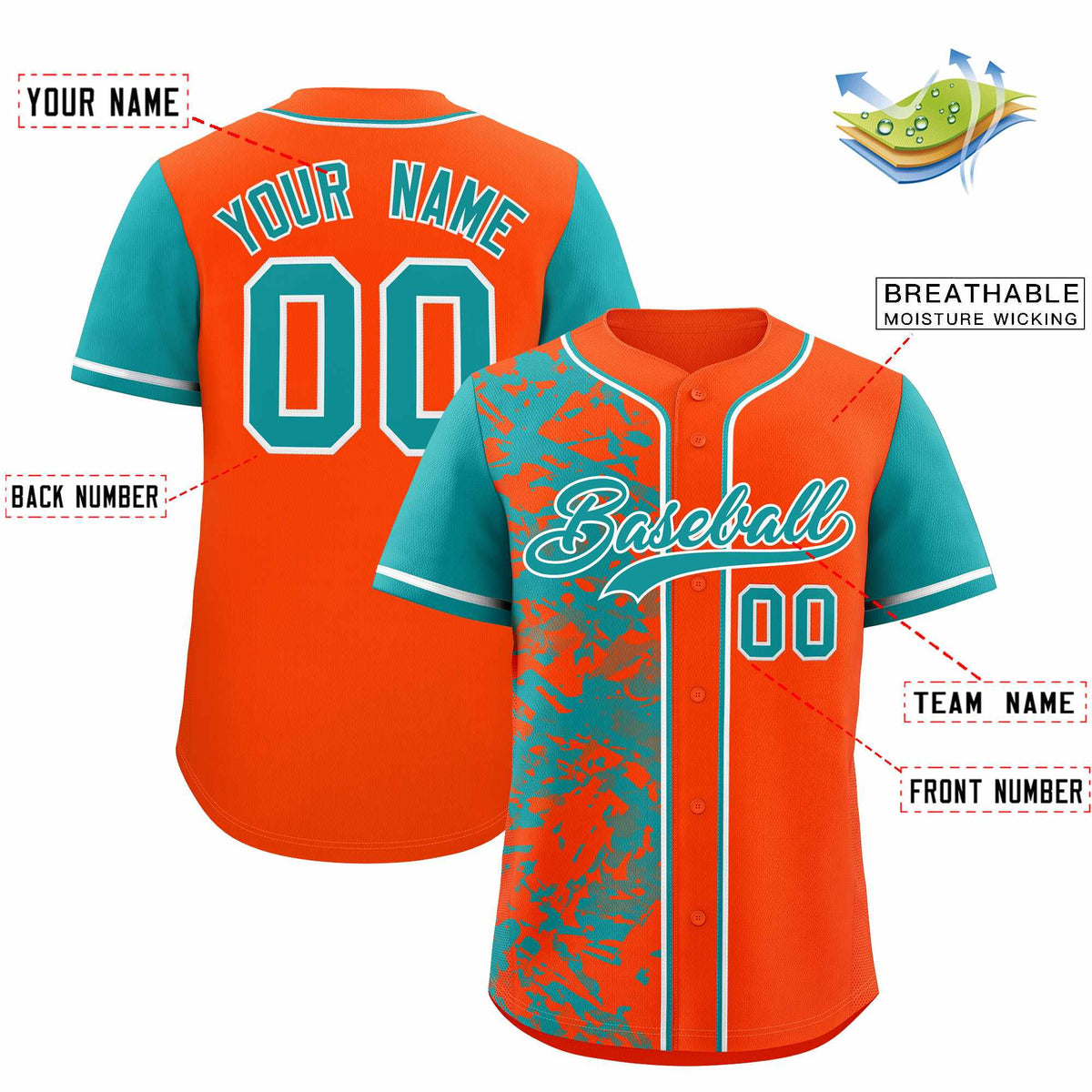 Custom Orange Aqua Split Personalized Graffiti Raglan Sleeve Authentic Baseball Jersey