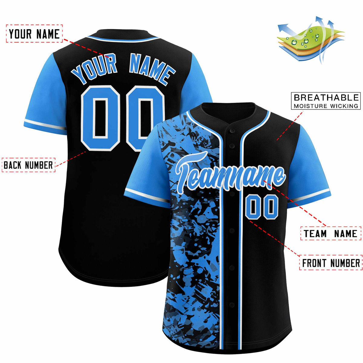 Custom Black Blue Split Personalized Graffiti Raglan Sleeve Authentic Baseball Jersey