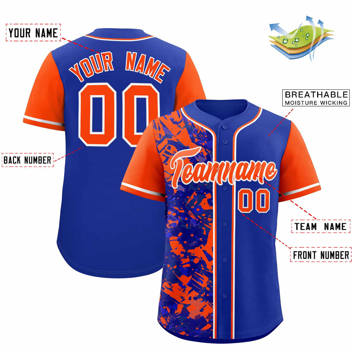 Custom Royal Orange Split Personalized Graffiti Raglan Sleeve Authentic Baseball Jersey