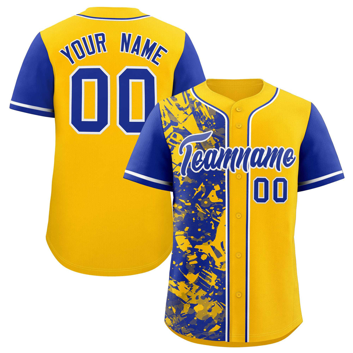 Custom Yellow Royal Split Personalized Graffiti Raglan Sleeve Authentic Baseball Jersey