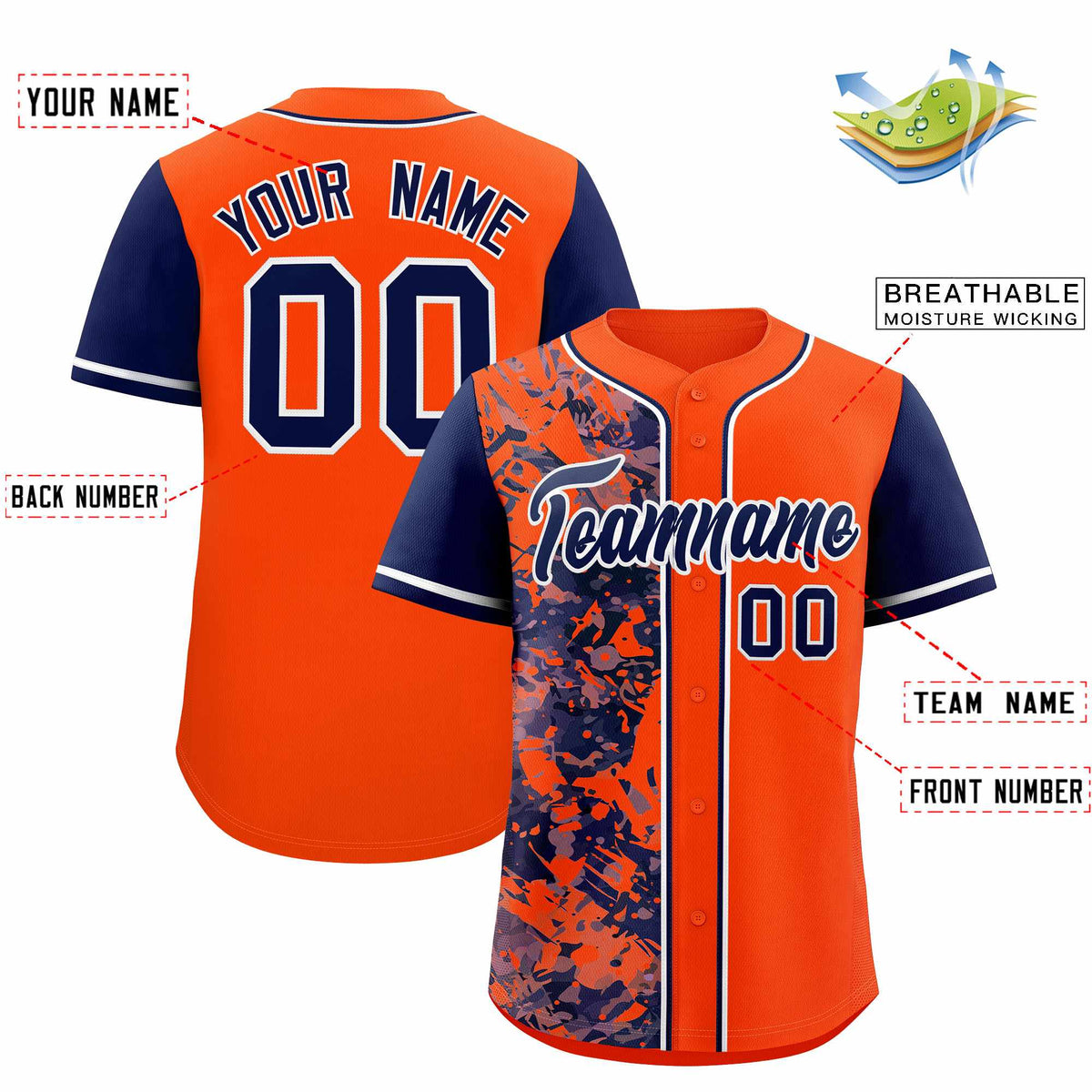 Custom Orange Navy Split Personalized Graffiti Raglan Sleeve Authentic Baseball Jersey