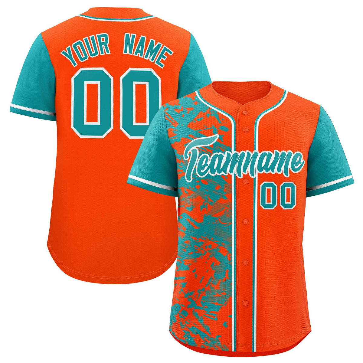 Custom Orange Aqua Split Personalized Graffiti Raglan Sleeve Authentic Baseball Jersey