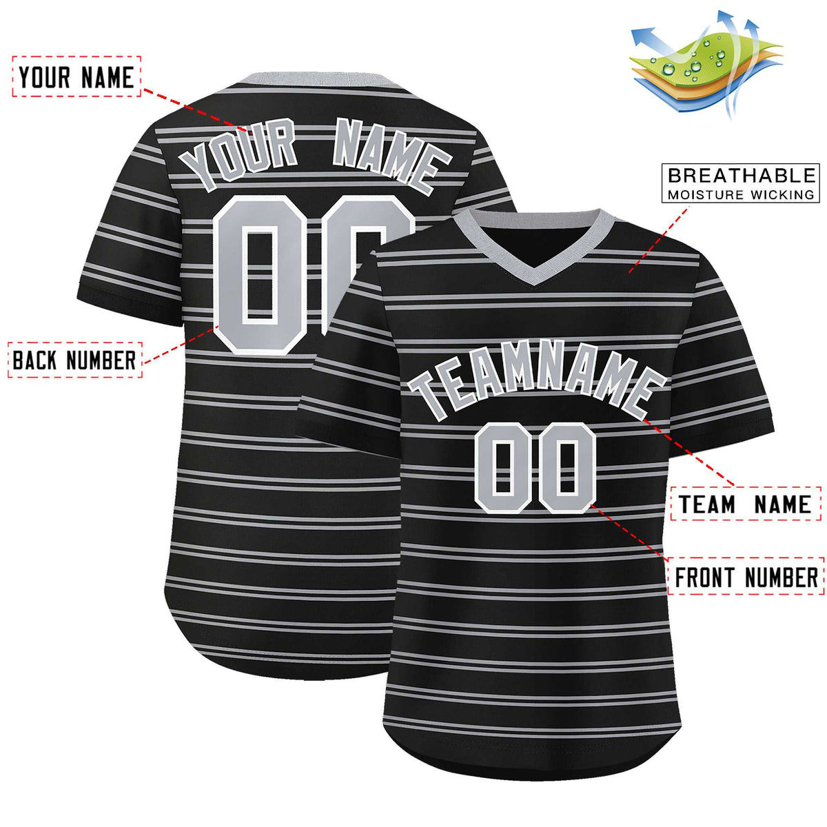 Custom Black Gray Personalized Horizontal Stripe Authentic Pullover Baseball Jersey | KXKSHOP