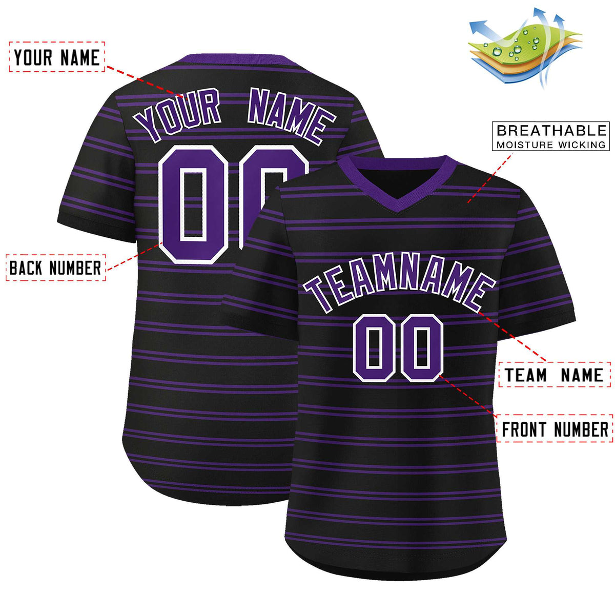 Custom Black Purple Personalized Horizontal Stripe Authentic Pullover Baseball Jersey | KXKSHOP
