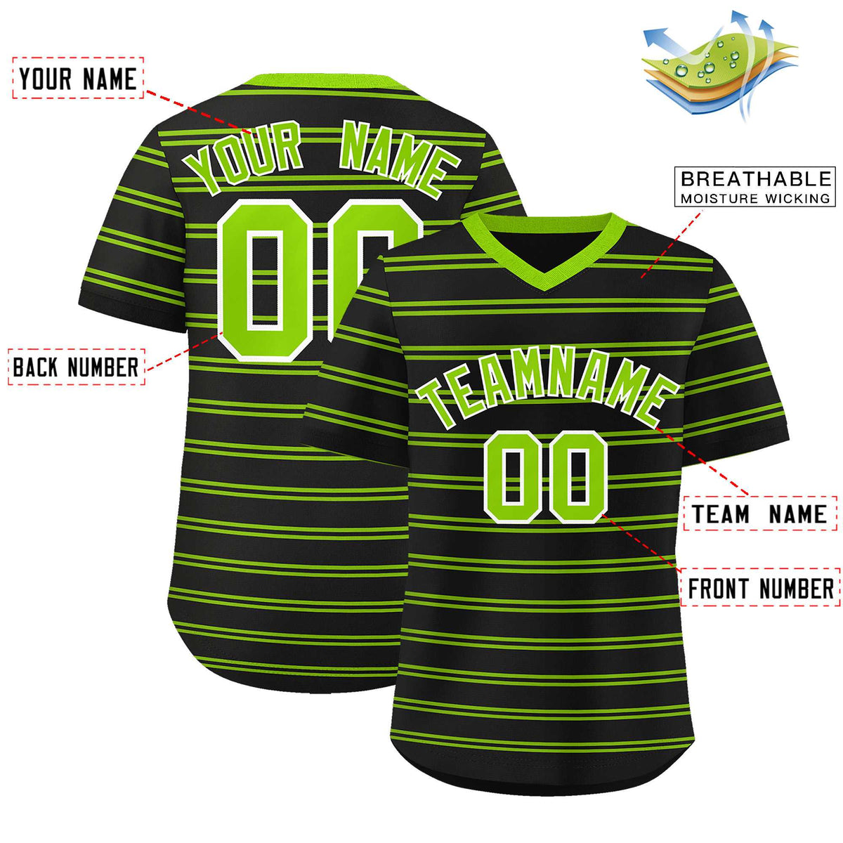Custom Black Neon Green Personalized Horizontal Stripe Authentic Pullover Baseball Jersey | KXKSHOP