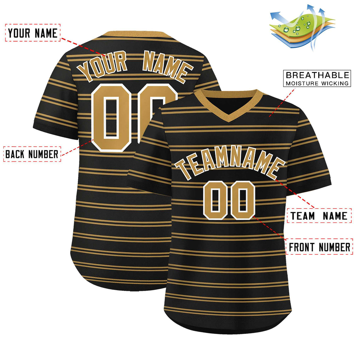 Custom Black Old Gold Personalized Horizontal Stripe Authentic Pullover Baseball Jersey | KXKSHOP