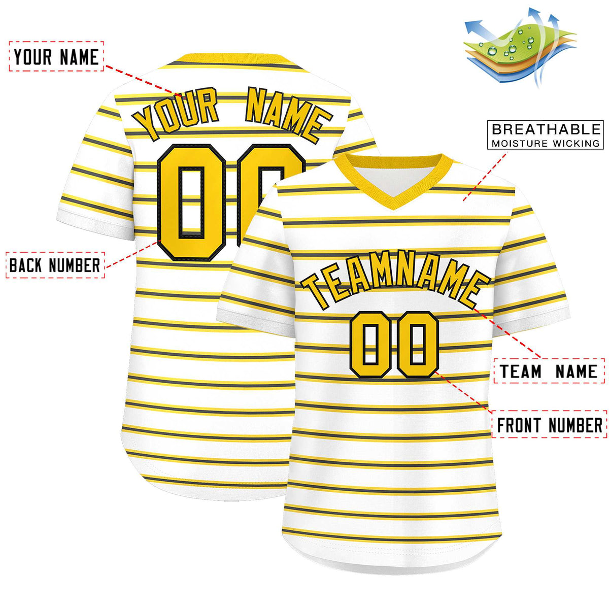Custom White Gold-Black Personalized Horizontal Stripe Authentic Pullover Baseball Jersey | KXKSHOP