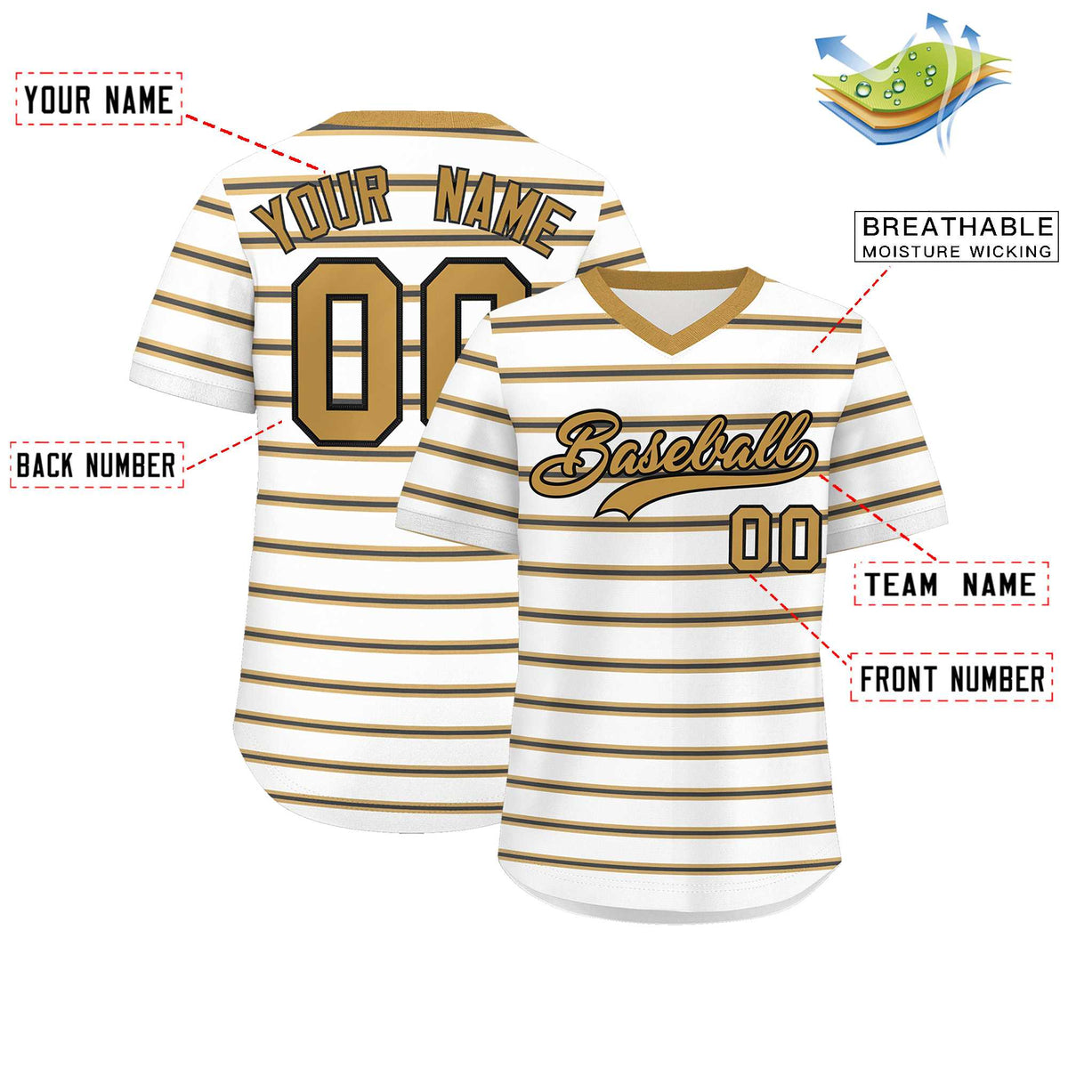 Custom White Old Gold-Black Personalized Horizontal Stripe Authentic Pullover Baseball Jersey | KXKSHOP