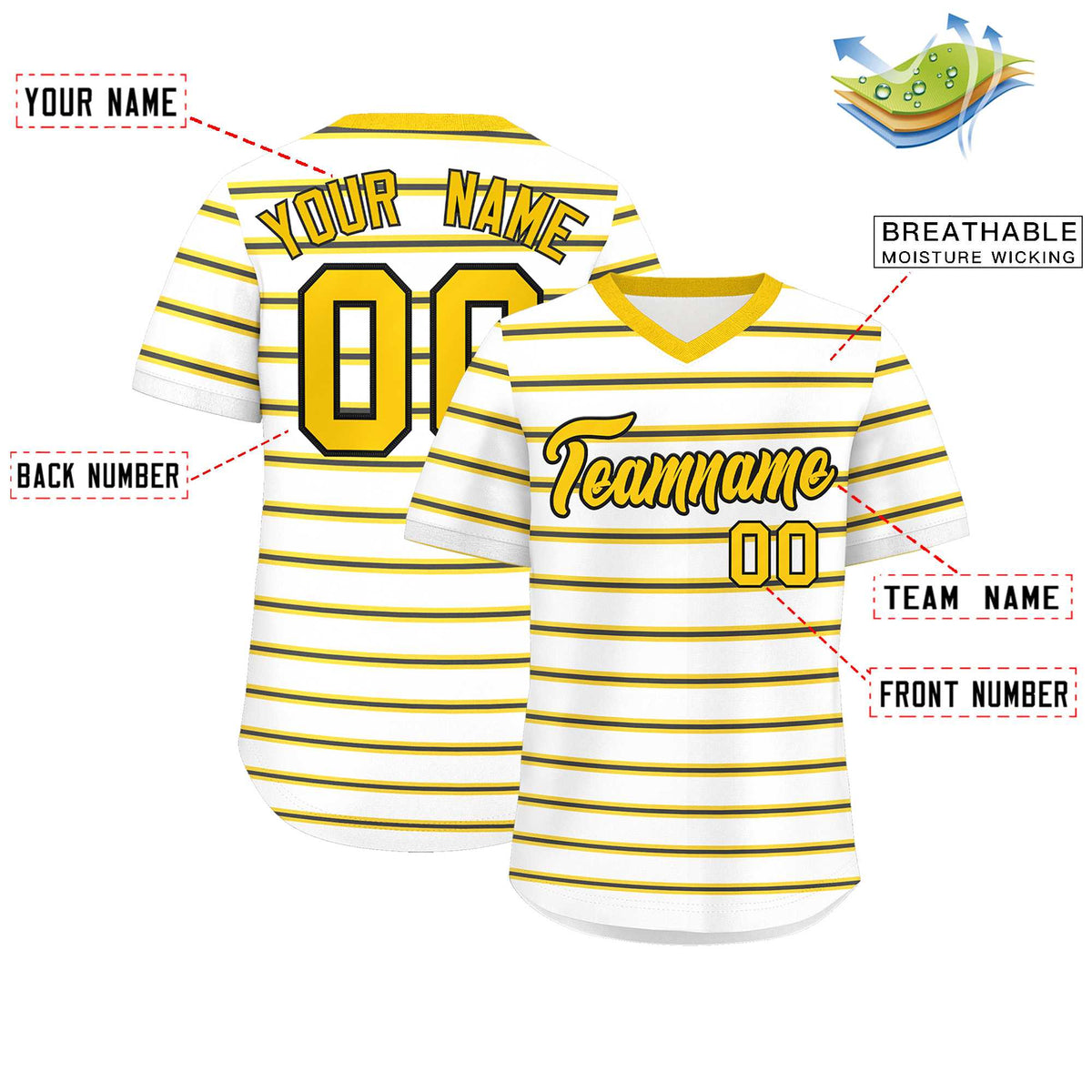 Custom White Gold-Black Personalized Horizontal Stripe Authentic Pullover Baseball Jersey | KXKSHOP
