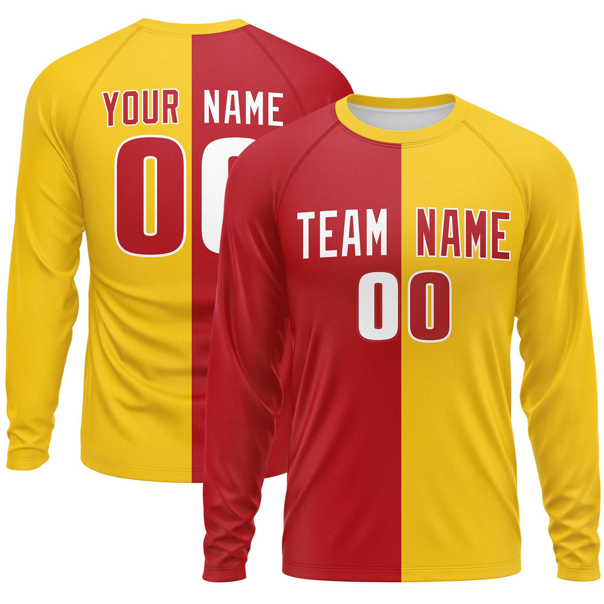 Custom Red Gold Crew Neck Split Design Long Sleeve Performance T-Shirt | KXKSHOP
