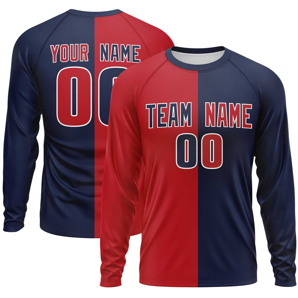Custom Red Navy Crew Neck Split Design Long Sleeve Performance T-Shirt | KXKSHOP