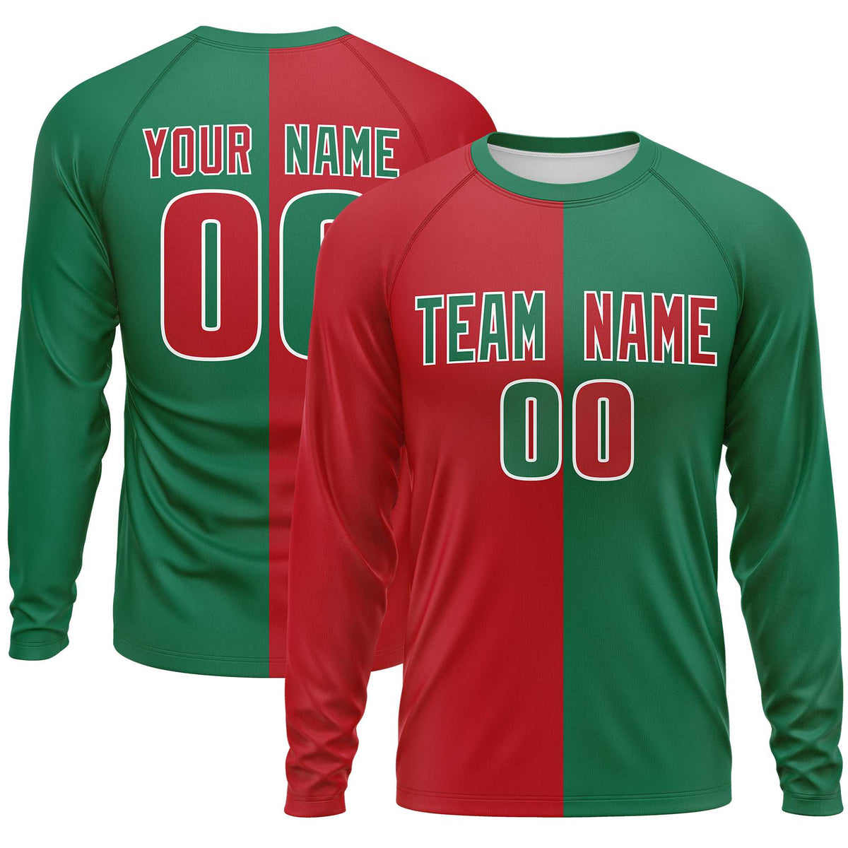 Custom Red Kelly Green Crew Neck Split Design Long Sleeve Performance T-Shirt | KXKSHOP