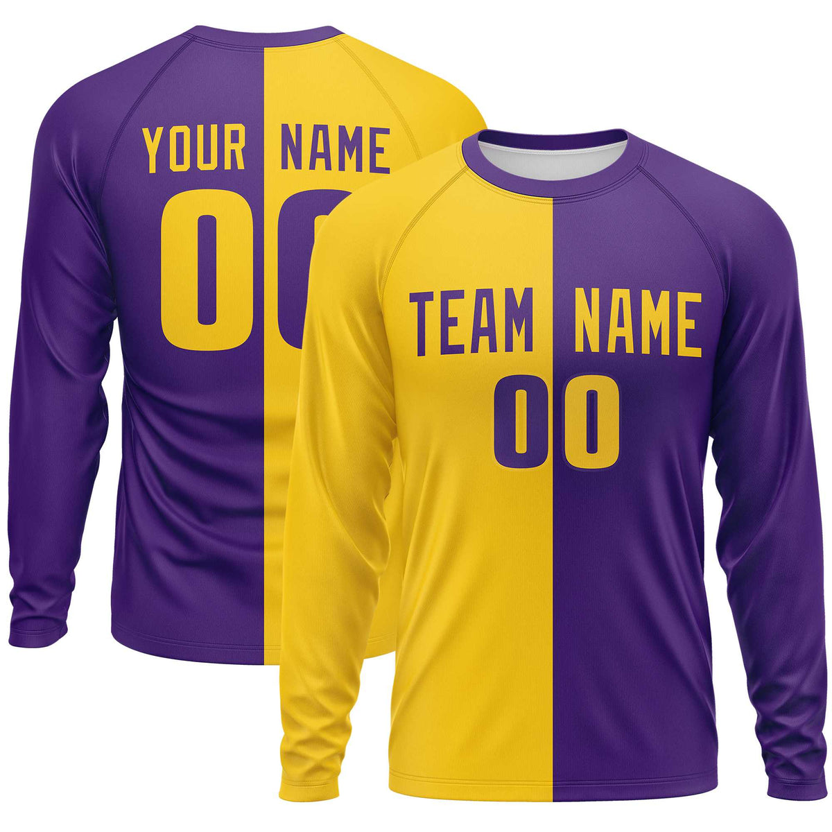 Custom Gold Purple Crew Neck Split Design Long Sleeve Performance T-Shirt | KXKSHOP