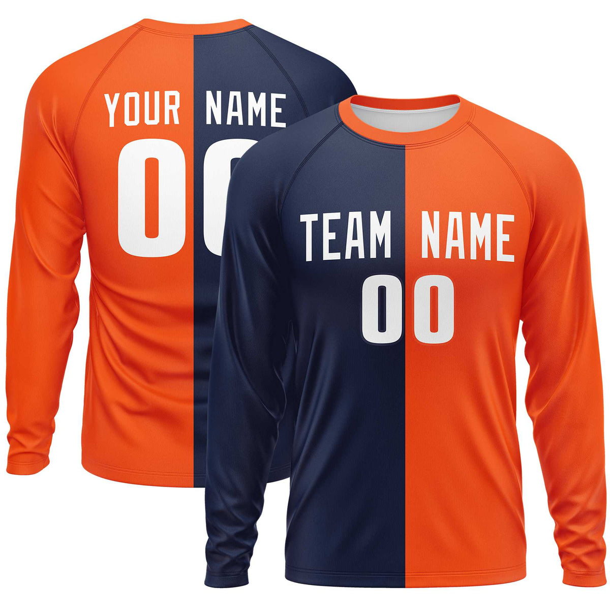 Custom Navy Orange Crew Neck Split Design Long Sleeve Performance T-Shirt | KXKSHOP