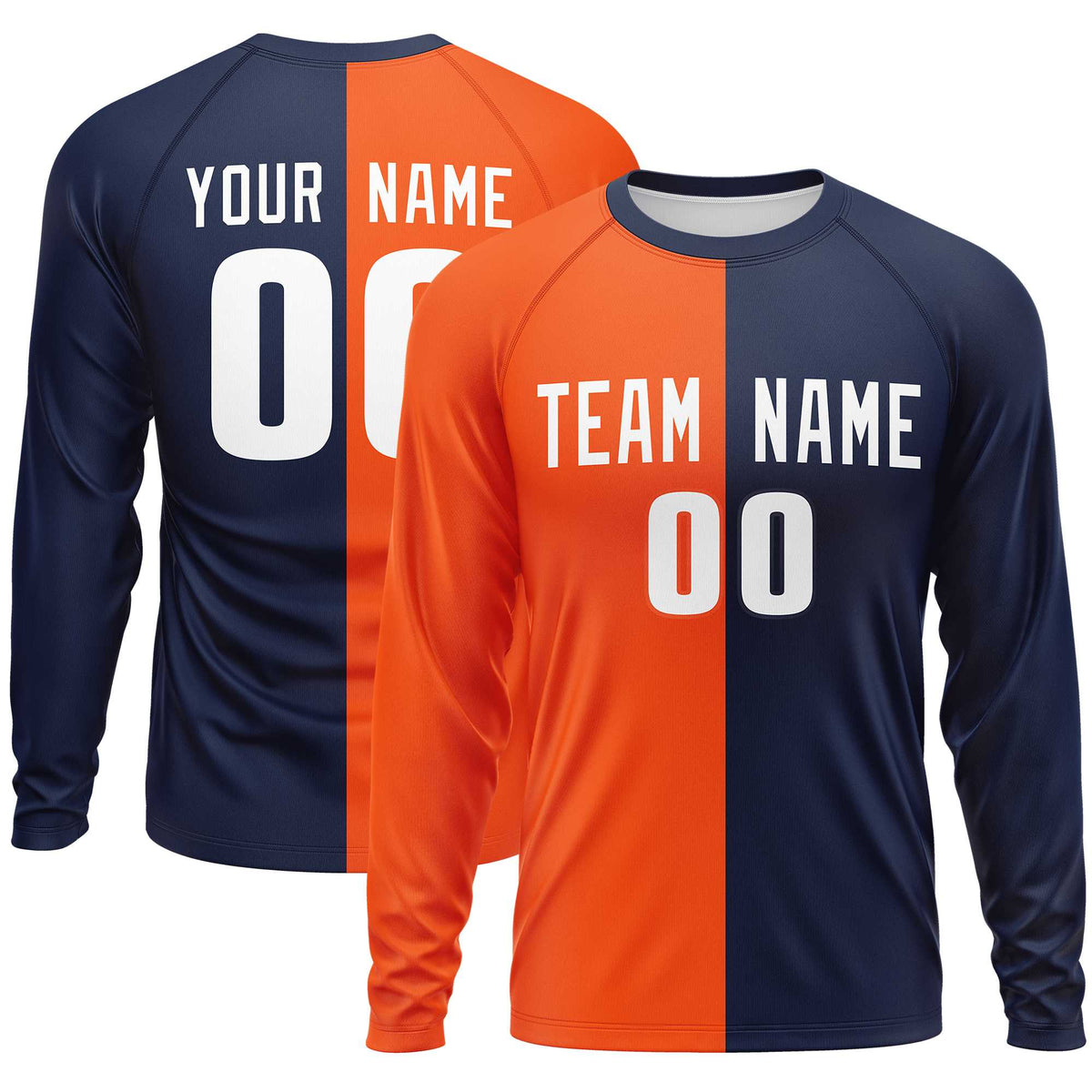 Custom Orange Navy Crew Neck Split Design Long Sleeve Performance T-Shirt | KXKSHOP