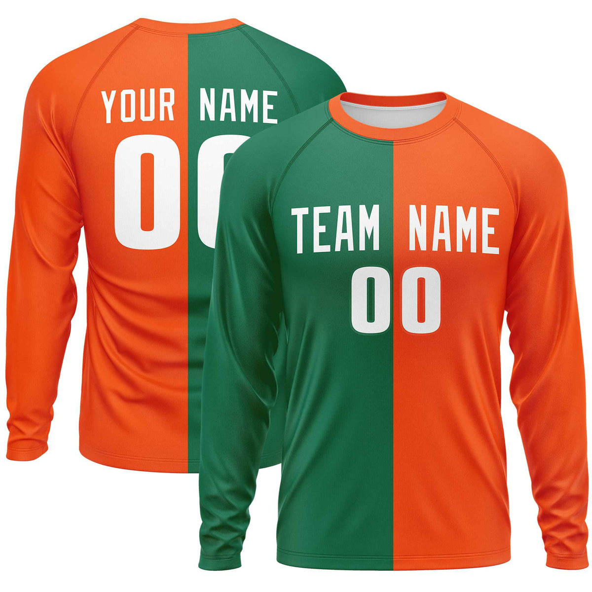 Custom Kelly Green Orange Crew Neck Split Design Long Sleeve Performance T-Shirt | KXKSHOP