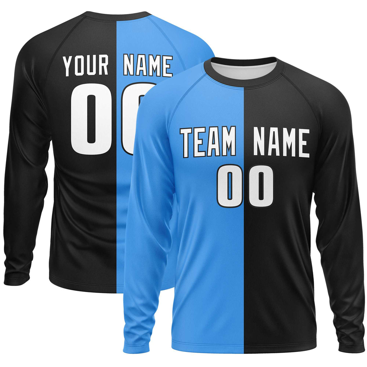 Custom Powder Blue Black Crew Neck Split Design Long Sleeve Performance T-Shirt | KXKSHOP