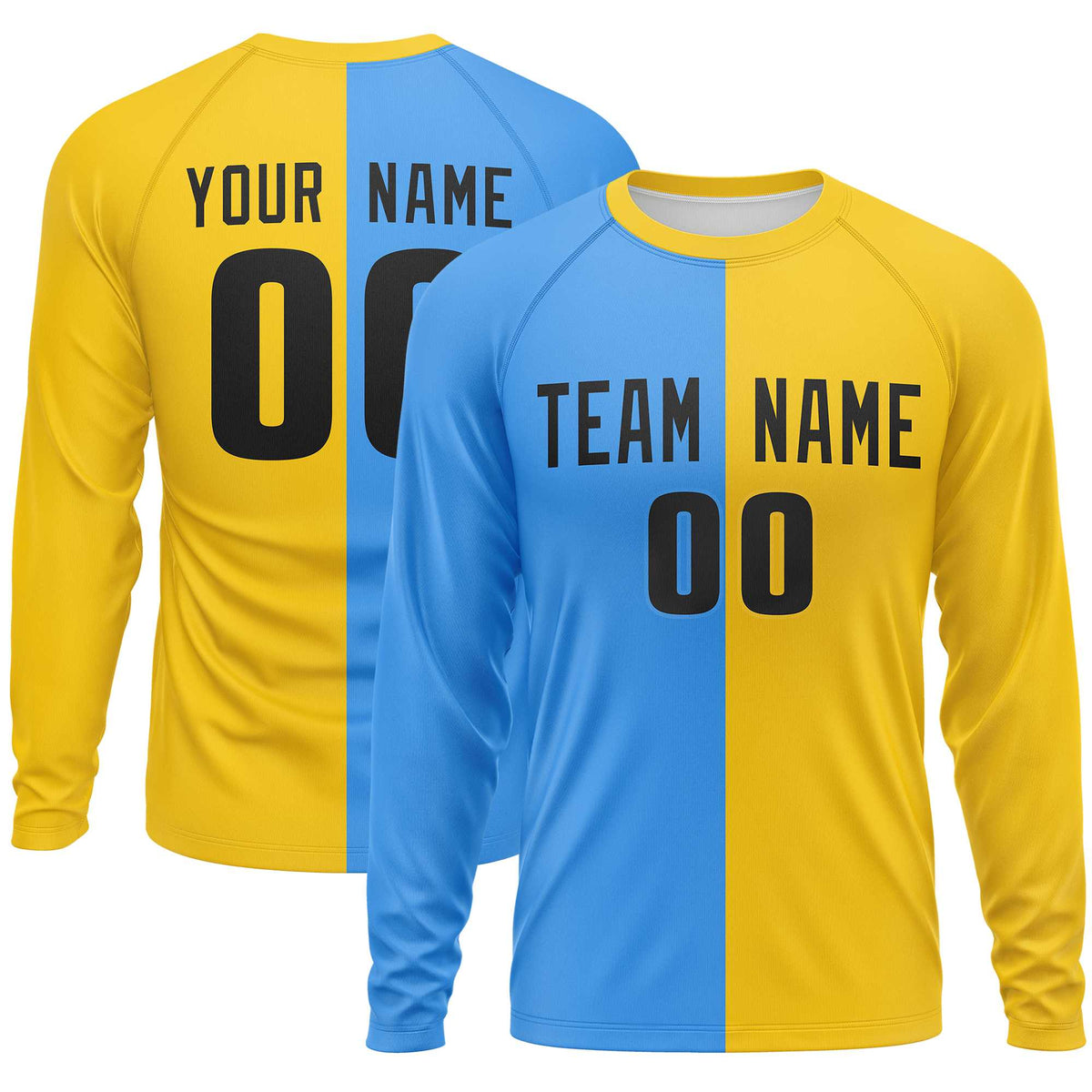 Custom Powder Blue Gold Crew Neck Split Design Long Sleeve Performance T-Shirt | KXKSHOP