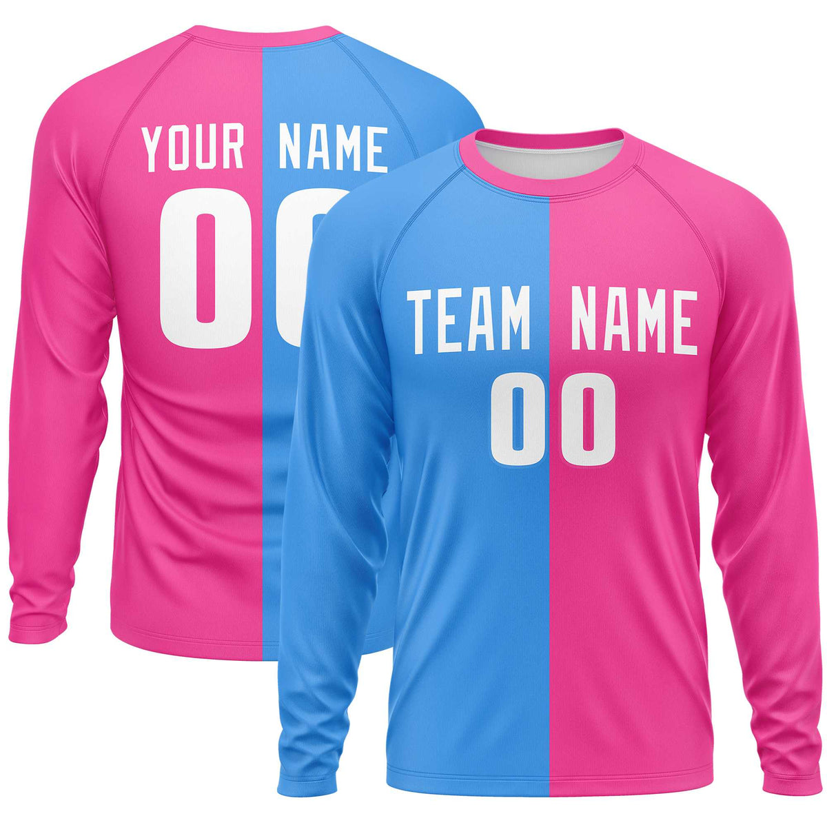 Custom Powder Blue Pink Crew Neck Split Design Long Sleeve Performance T-Shirt | KXKSHOP