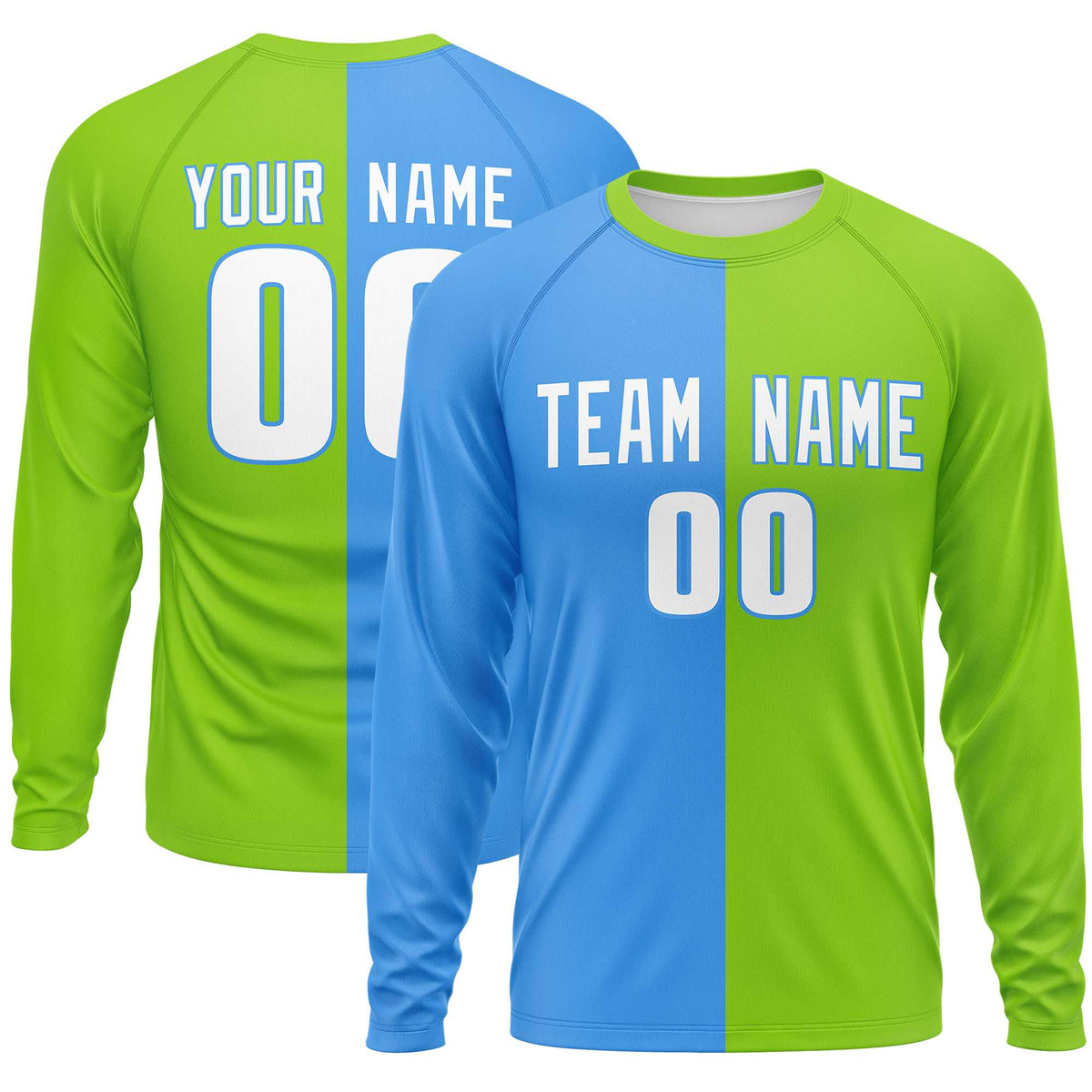 Custom Powder Blue Neon Green Crew Neck Split Design Long Sleeve Performance T-Shirt | KXKSHOP