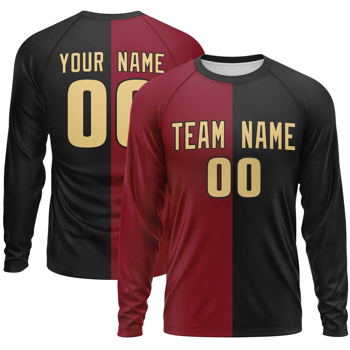 Custom Crimson Black Crew Neck Split Design Long Sleeve Performance T-Shirt | KXKSHOP