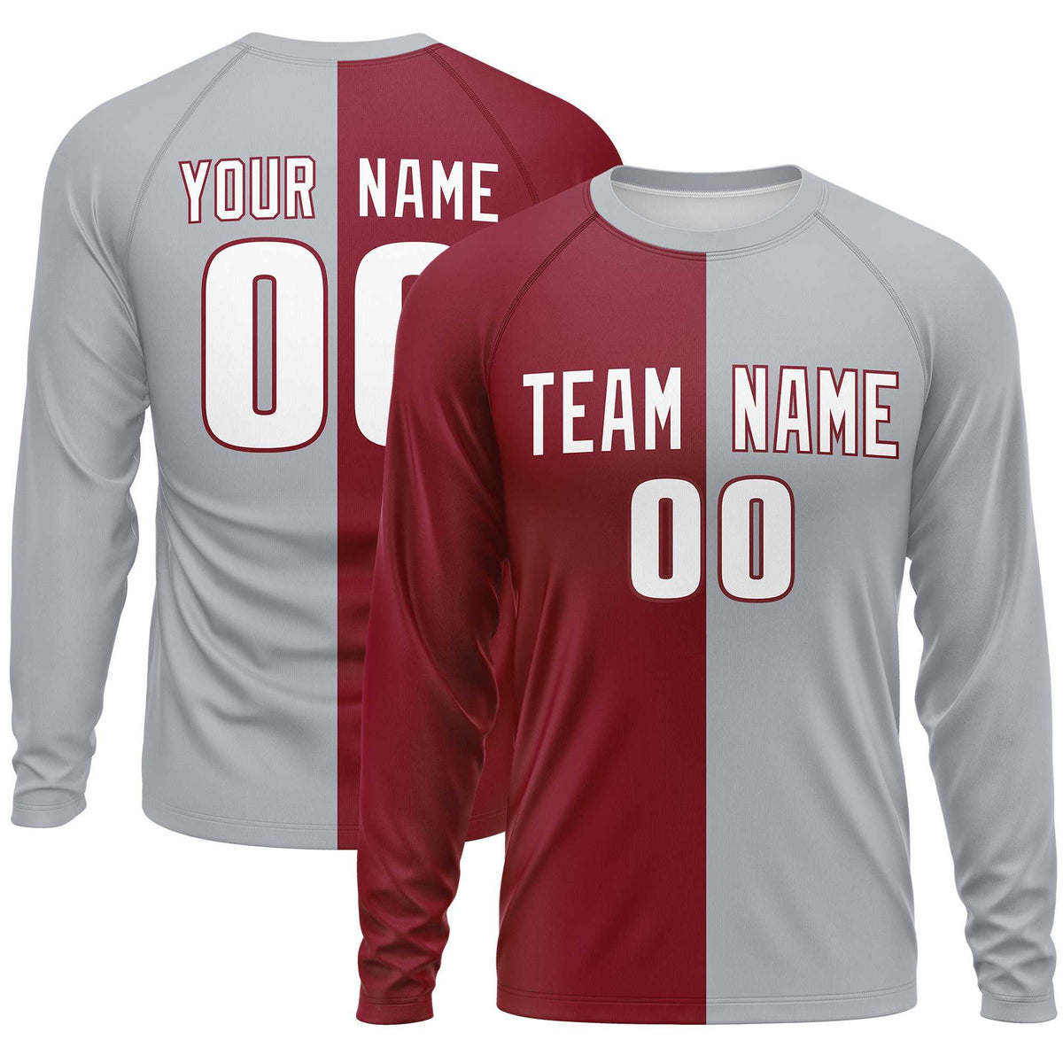 Custom Crimson Gray Crew Neck Split Design Long Sleeve Performance T-Shirt | KXKSHOP