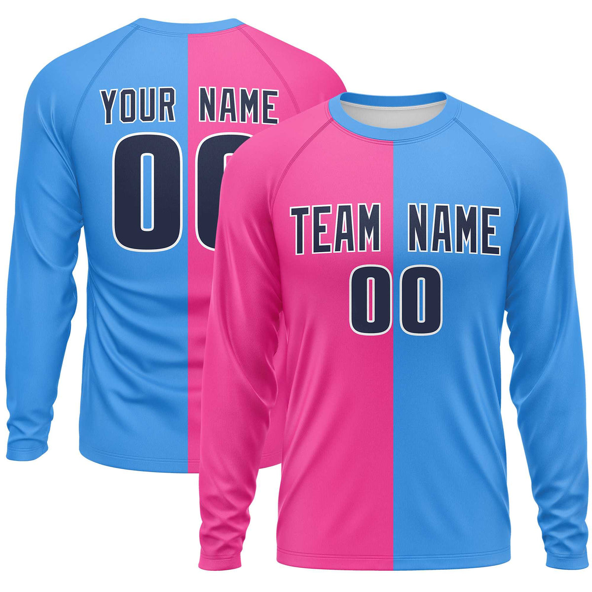 Custom Pink Powder Blue Crew Neck Split Design Long Sleeve Performance T-Shirt | KXKSHOP